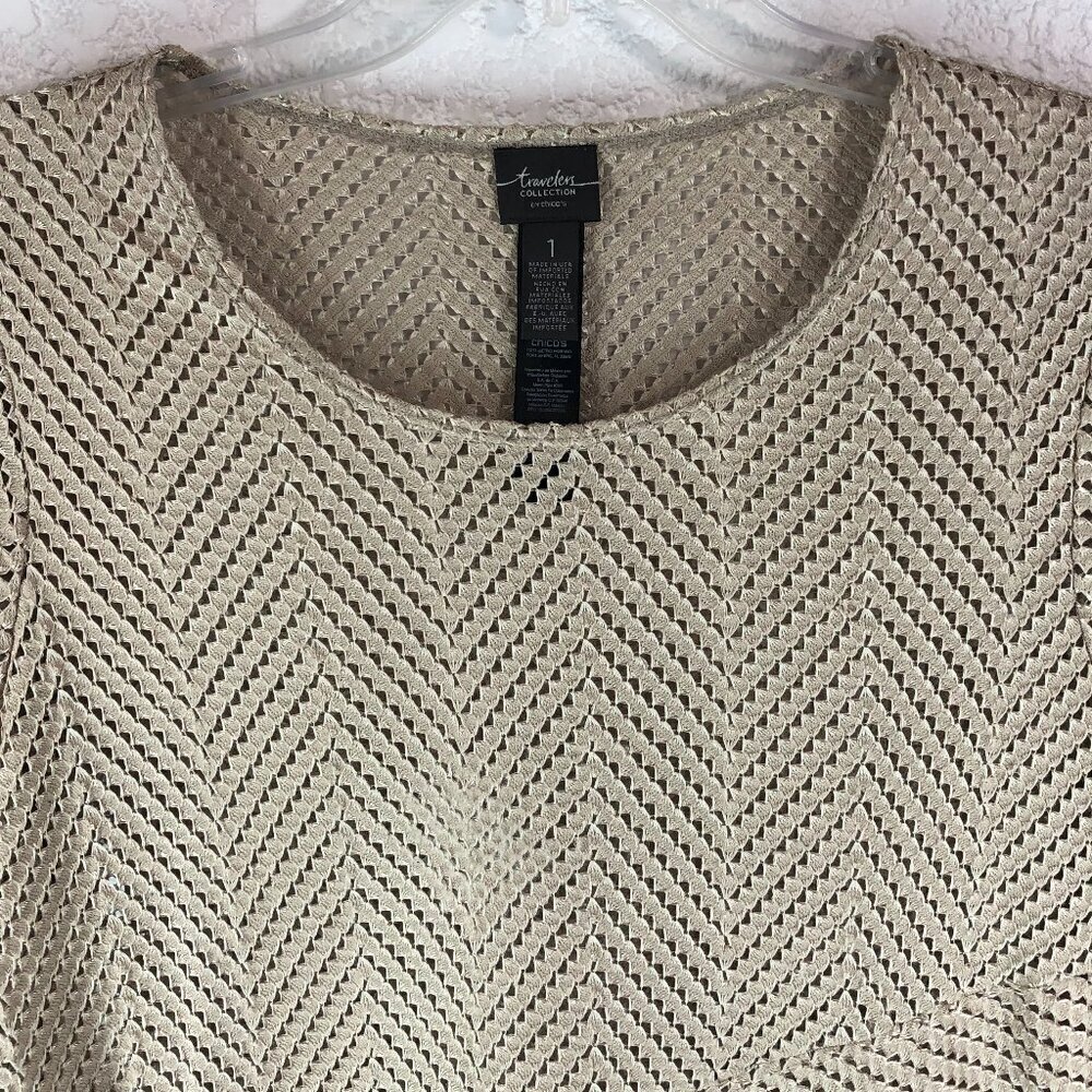 Chico's Travelers Gold See Through Knit Blouse Size 1 - Picture 4 of 6